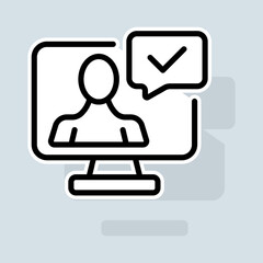 Human with check mark line icon. Rating, clipboard with thumbs up like, dislike, rate the service, clipboard with checkmark. Feedback concept. Vector sticker line icon on white background