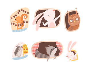 Cute animals living in their cozy burrows set. Squirrel, rabbit, owl, raccoon, hedgehog doing casual things underground cartoon vector illustration