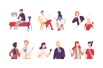 Host interviewing guest, communicating in studio and recording audio podcast or online show set cartoon vector illustration