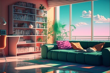 Habitación retro, colores pastel, ilustración estilo videojuego. Generative AI. - obrazy, fototapety, plakaty