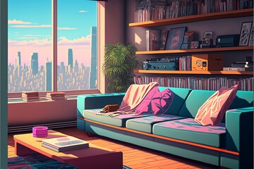 Habitación retro, colores pastel, ilustración estilo videojuego. Generative AI.