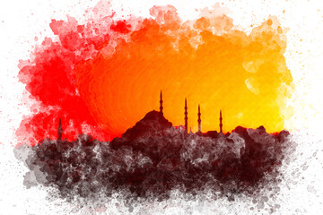 Sunset view of Süleymaniye Mosque created with watercolor art, view of Süleymaniye from the Golden Horn