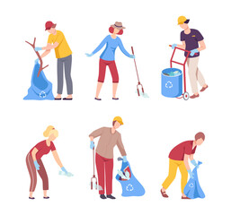 Fototapeta na wymiar Set of male and female volunteers collecting rubbish into bags. People caring about environment and collecting garbage in nature cartoon vector illustration