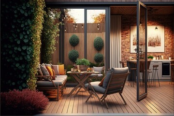 ai generated , Cozy patio area with garden furniture - obrazy, fototapety, plakaty
