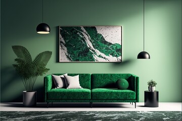 ai generated , Green wall background interir, minimalist sofa