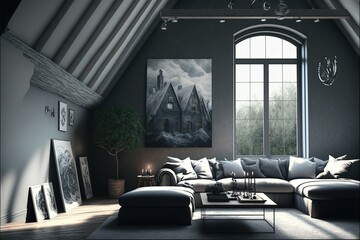 ai generated , Interior of living room modern style with grey fabric sofa