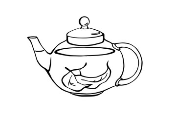 Transparent tea pot with with tea leaves inside black and white outline drawing