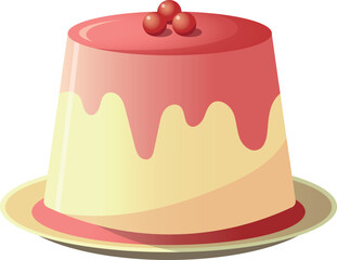 Colorful panna cotta, cheese cake italian dessert vector icon illustration with cherry on top.