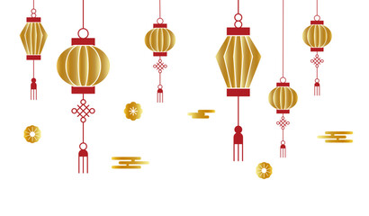 golden red lanterns with Chinese knot vector spring festival decoration decal lunar new year sticker icon set clipart - obrazy, fototapety, plakaty