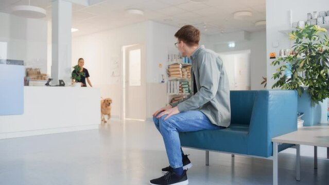 Young Veterinarian Brings a Pet Golden Retriever Back to the Guardian. A Young Man Waiting for His Pet in the Veterinary Clinic Reception Room. Dog is Happy to See the Owner and Get Petted