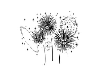 Festive patterned firework bursting in various shapes sparkling pictograms set against black background abstract isolated illustration
