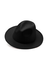 Close-up shot of a black wide-brimmed fedora. A black men's felt fedora hat is isolated on a white background. Side view.