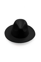 Close-up shot of a black wide-brimmed fedora. A black men's felt fedora hat is isolated on a white background. Front view.