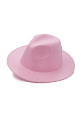 Close-up shot of a pink wide-brimmed fedora. A pink women's felt fedora hat is isolated on a white background. Side view.