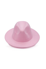 Close-up shot of a pink wide-brimmed fedora. A pink women's felt fedora hat is isolated on a white background. Front view.