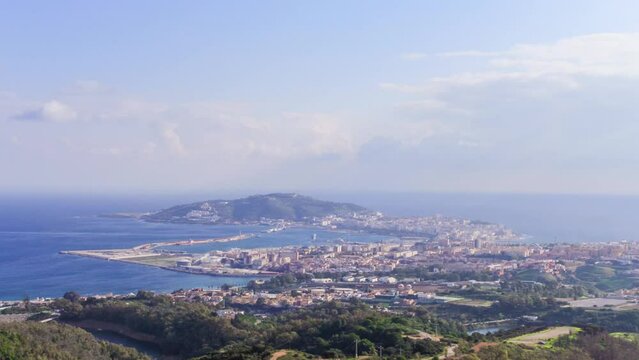 Timelapse of clouds flying over the city of Ceuta in Spain, beautiful