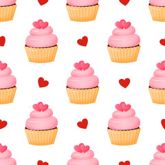 Vector Valentines day seamless pattern. Illustration cupcake on white background. Romantic backdrop for wallpaper, print, textile, fabric, wrapping.