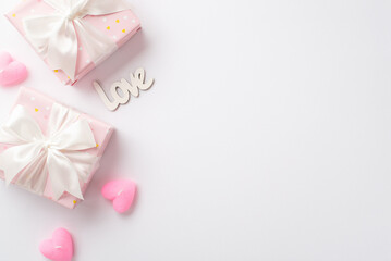 Valentine's Day concept. Top view photo of pastel pink gift boxes with silk ribbon bows heart shaped candles and inscription love on isolated white background with copyspace