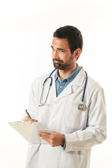 Fototapeta premium Portrait of a young male doctor with a folder with a worried gesture, isolated on white background