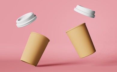 Floating paper coffee cups white lid flying 3D rendering pink. Coffee shop beverages discount demonstration Hot drinks sale banner. Merchandise promo design. Flying latte branding advertising template