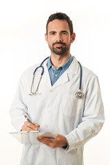 Portrait of a young male doctor with a folder taking notes, isolated on a white background