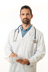 Fototapeta premium Portrait of a young male doctor with a folder taking notes, isolated on a white background