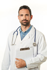 Portrait of a young male doctor with a folder looking at the camera, isolated on white background