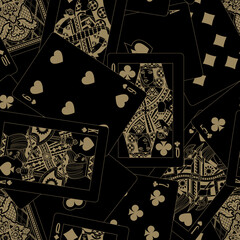 Dark seamless pattern background of playing cards in beige linear drawing on black. Vector illustration