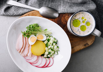 okroshka soup with salad top view