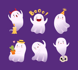 Set of cute friendly ghosts. Funny Halloween character in different activities cartoon vector