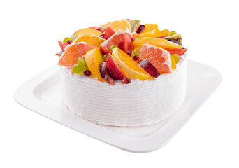 Delicious fruit mousse cake on white plate