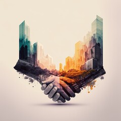 The double exposure handshake businees and city.Generative AI