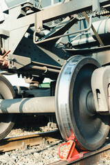 Train wheels. A shoe under a train wheel. Railway.