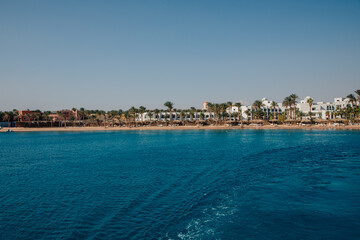 Beautiful hotel on the Red Sea beach in Egypt. Blue water and beautiful hotel area