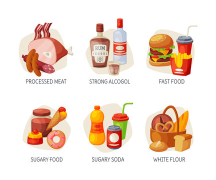 Unhealthy meal set. Processed meat, strong alcohol, fast food, sugary soda, white flour cartoon vector illustration