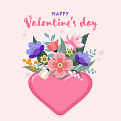 Valentine's day greeting card with a bouquet of beautiful flowers with a big pink heart on pink background
