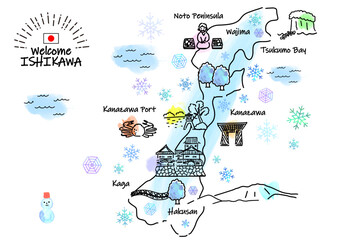 冬の石川県の観光地のシンプル線画イラストマップ