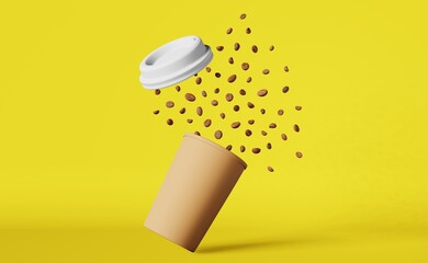Floating paper coffee cup white lid flying beans explosion 3D rendering yellow.Coffee shop beverage discount demonstration Hot drink sale banner promo design Flying latte branding advertising template