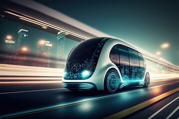 Fototapeta premium hi-tech future car with light trail and speed blur cityscape background 