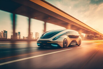 Plakat hi-tech future car with light trail and speed blur cityscape background 