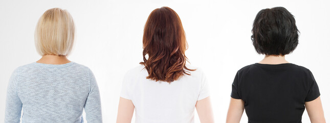Banner Middle aged women hairstyle isolated white background. Haircuts for elderly woman. Grey,...