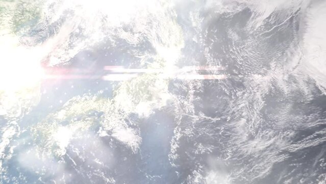 Earth zoom in from outer space to city. Zooming on Tsuchiura, Ibaraki, Japan. The animation continues by zoom out through clouds and atmosphere into space. Images from NASA