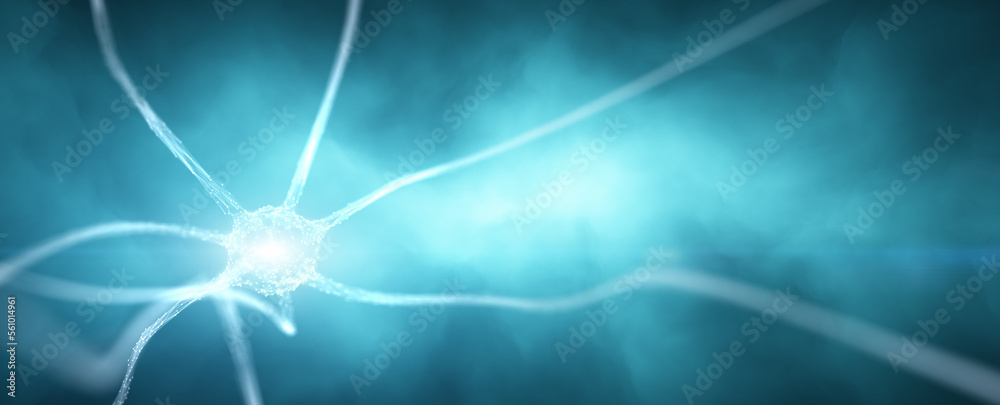 Wall mural abstract blue colored shining neuron cell in the brain on artistic copy space background with flare 