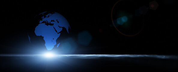 Fototapeta na wymiar Conceptual 3d digital earth globe with artistic waves and sun lens flare illustration. Copy space.