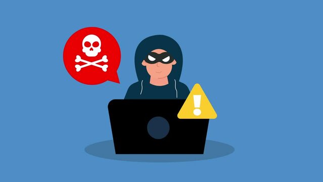 Hacker concept animation, Cyber criminal with laptop stealing user personal data. motion animation in flat design.