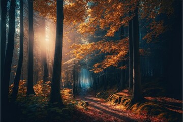 Trees In Forest During Autumn With Sunrays, ai generated