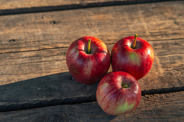 Ripe red apples on wooden background .