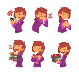 Funny girl with sweets addiction set. Girl eating candies and chocolate cartoon vector illustration