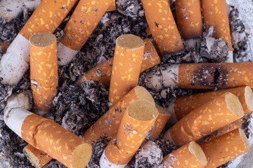 ashtray cigarette background closeup pile button concept