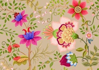Fantasy flowers in retro, vintage, jacobean embroidery style. Seamless pattern, background. Vector illustration.
